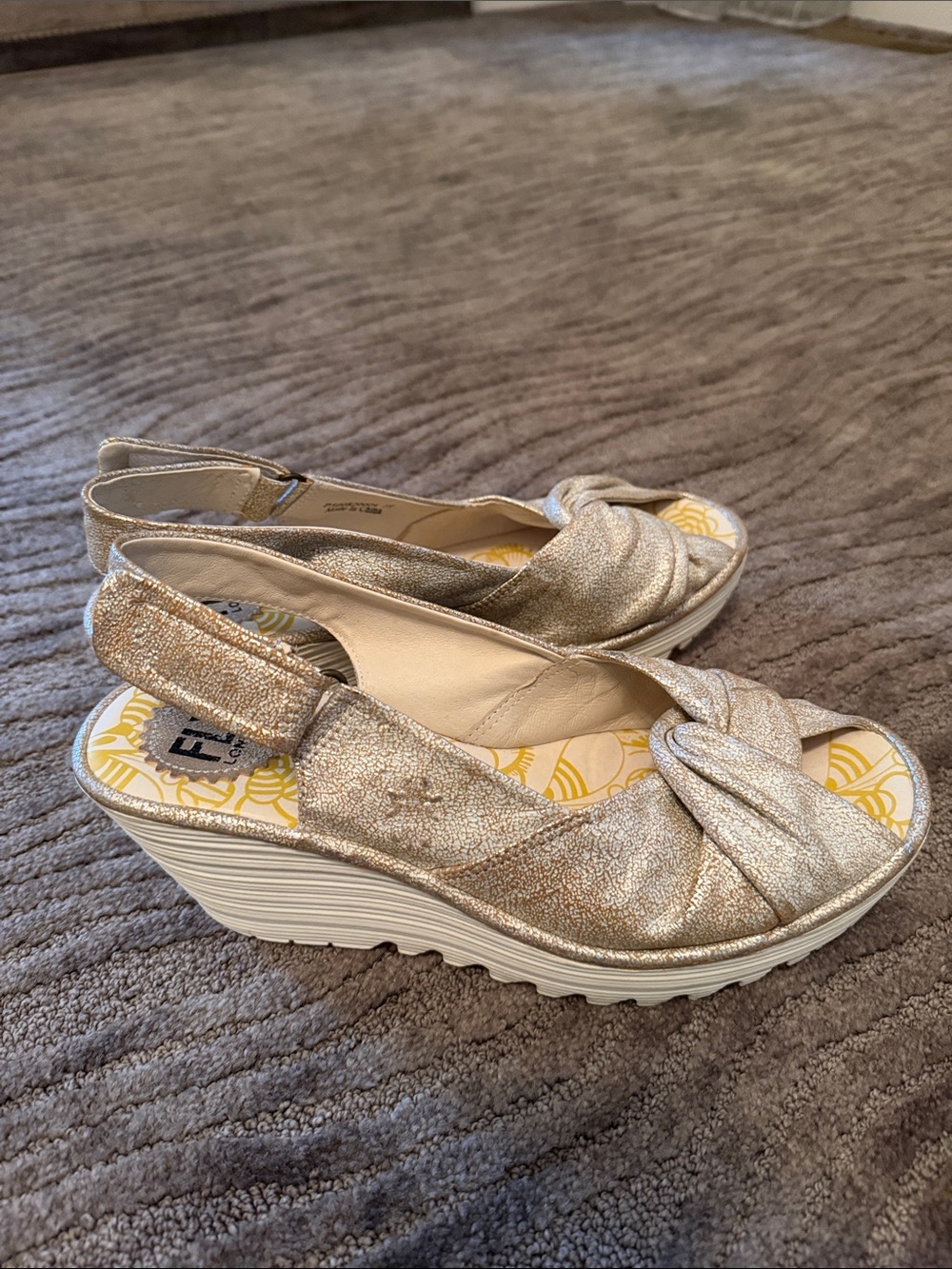 Fly London Metallic Gold Wedge Slingback Sandals